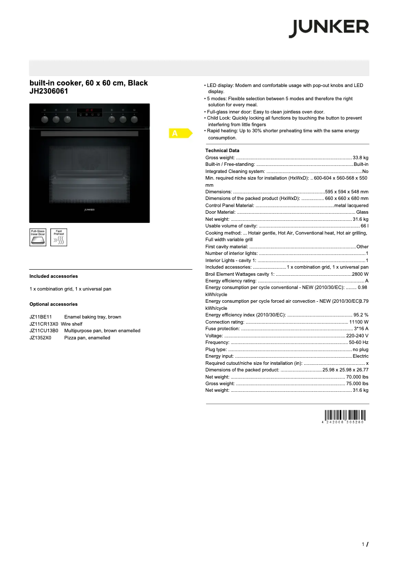 Page 1 of the manual Technical Sheet Junker JH2306061