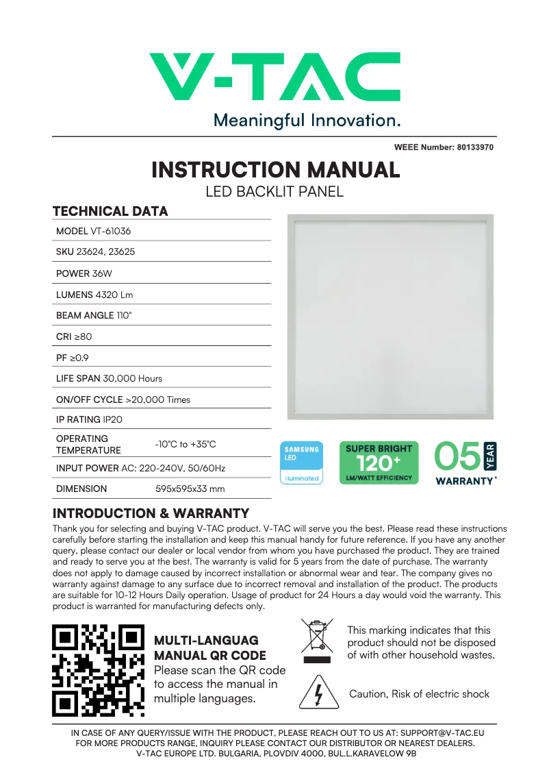 Page 1 of the manual User Manual V-TAC VT-61036