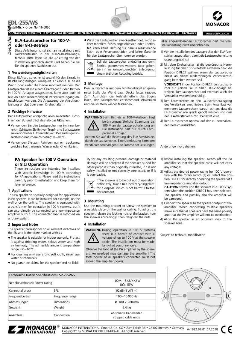 First page image of the manual for EDL-255/WS