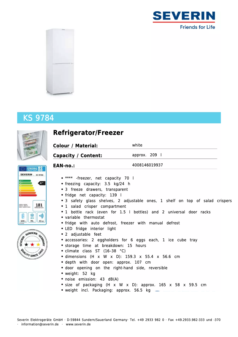 Page 1 of the manual Technical Sheet Severin KS 9784