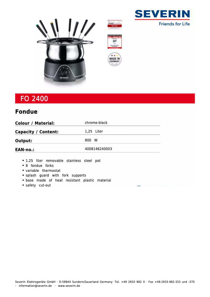 Page 1 of the manual Technical Sheet Severin FO 2400