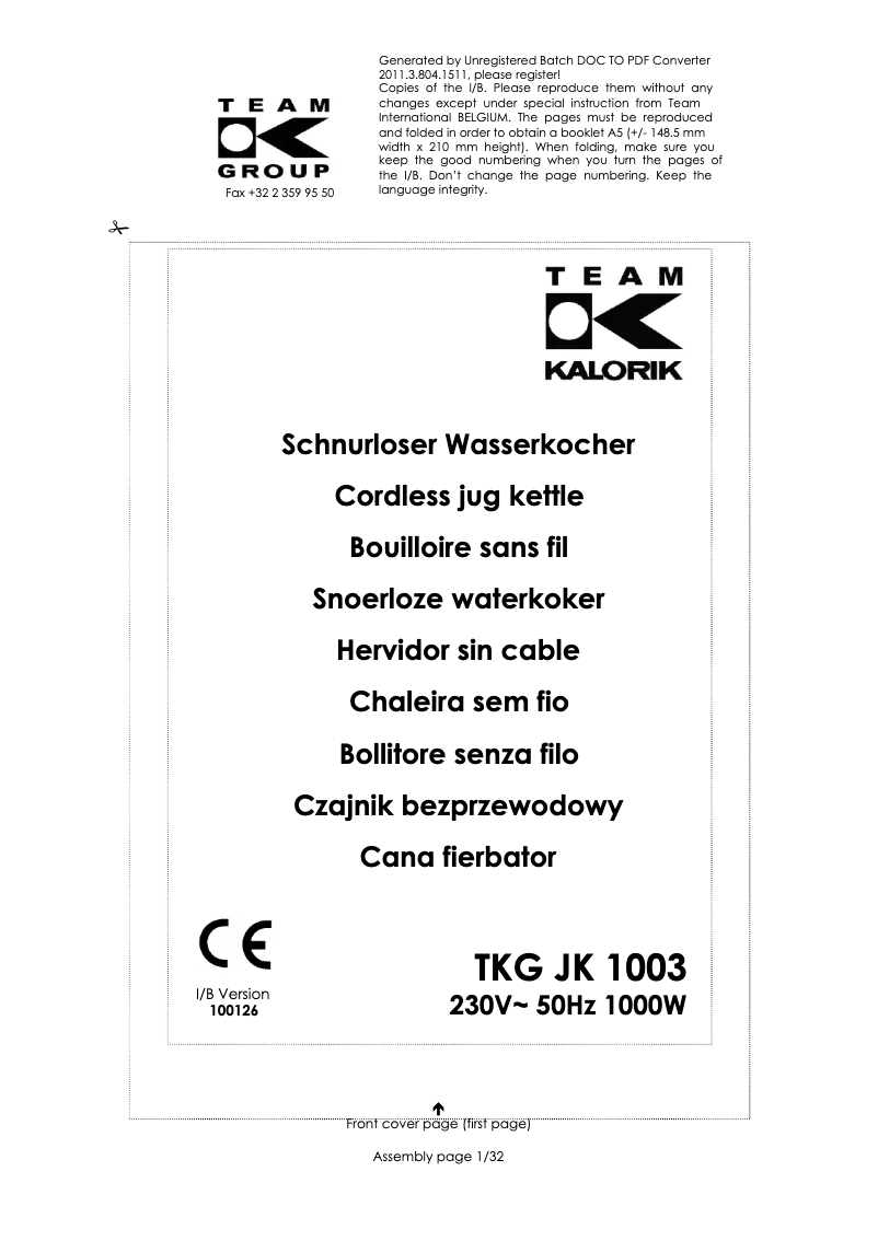 First page image of the manual for TKG JK 1003