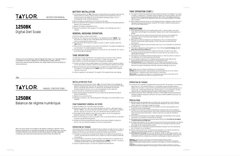 Page 1 de la notice Manuel utilisateur Taylor 1250BK