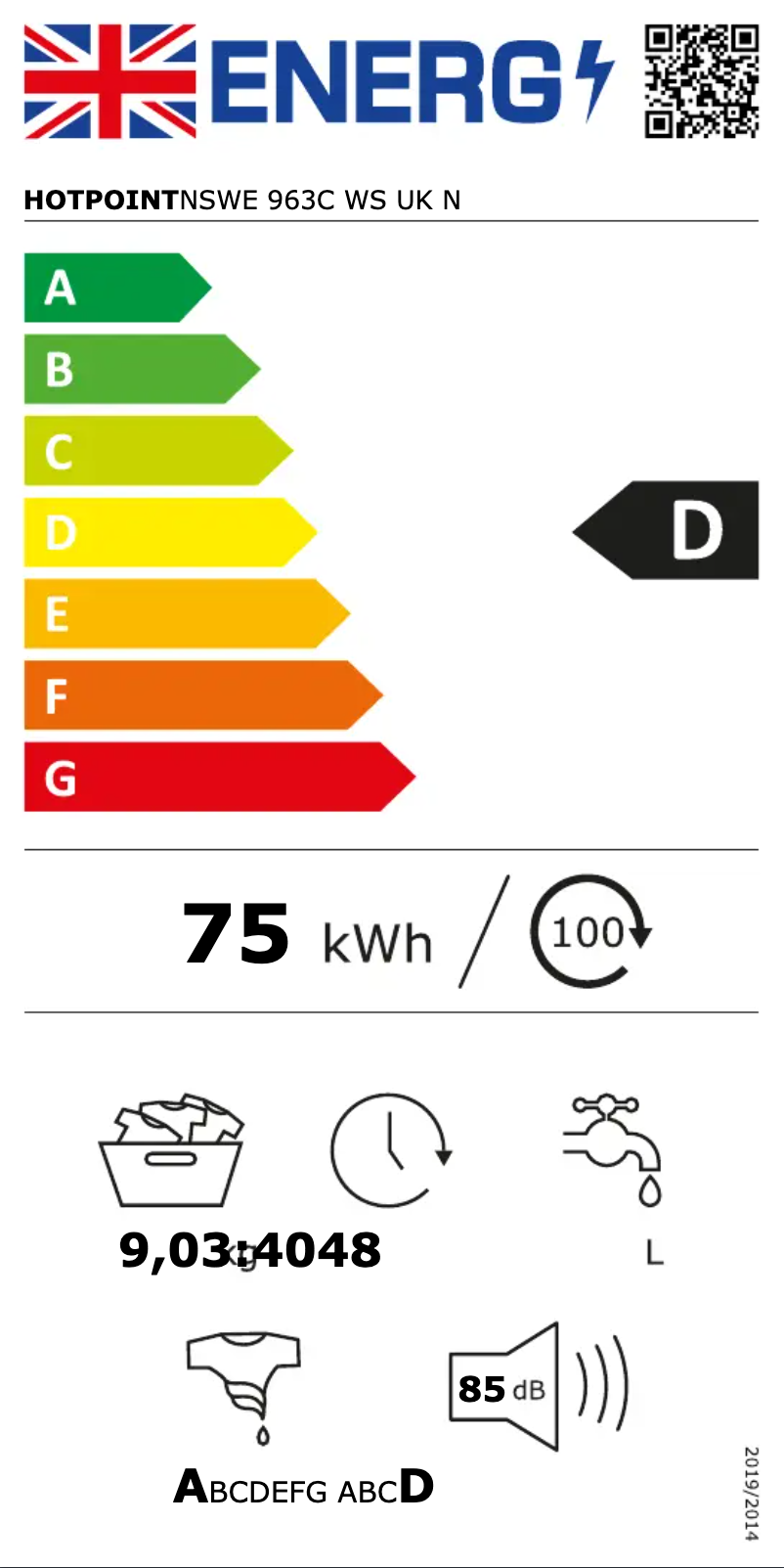 Page 1 of the manual Energy Label Hotpoint NSWE 963C WS UK N