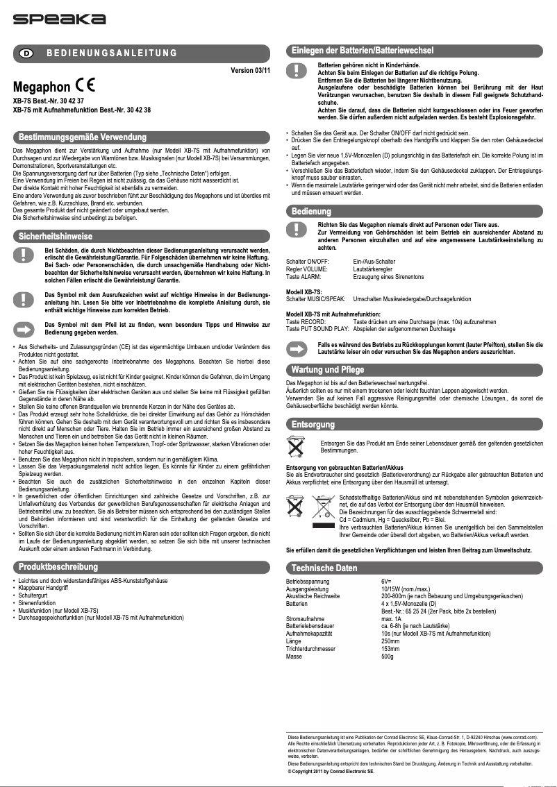 Page 1 of the manual User Manual Speaka XB-7S
