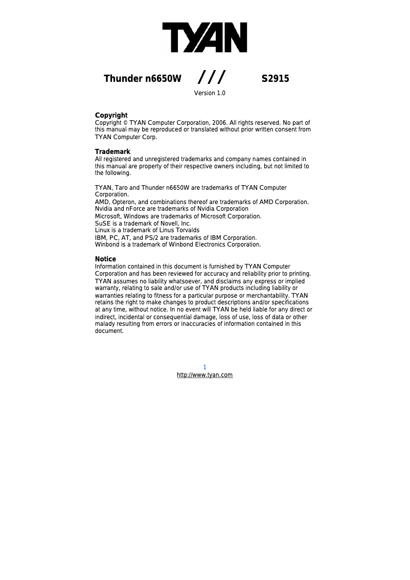 Page 1 of the manual User Manual Tyan S2915