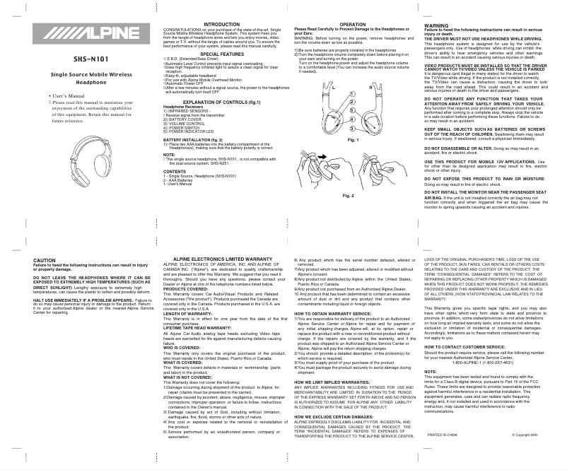 Page 1 of the manual User Manual Alpine SHS-N101