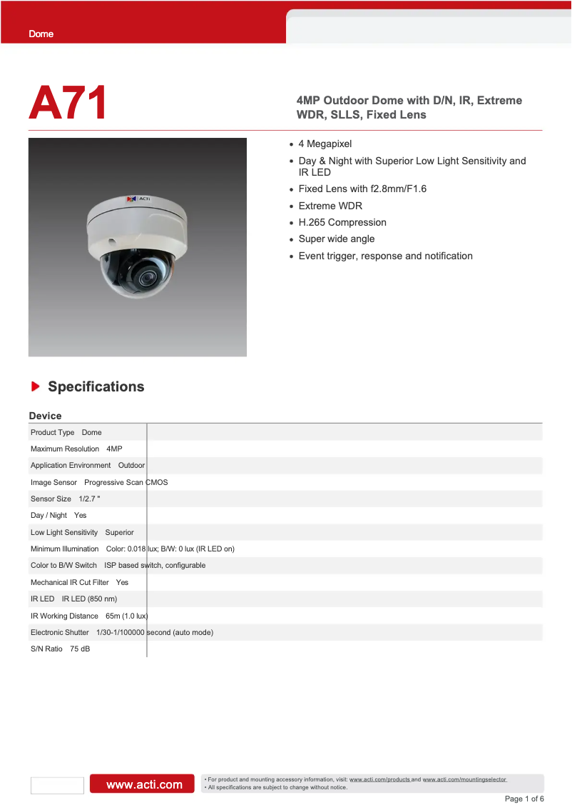 Page 1 of the manual Technical Sheet ACTi A71