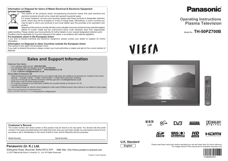 Page 1 of the manual User Manual Panasonic Viera TH-50PZ700B