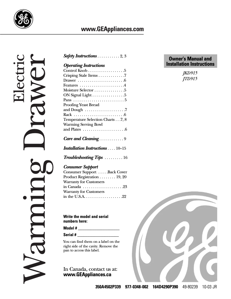 Page 1 of the manual User Manual GE JTD915WFWWC