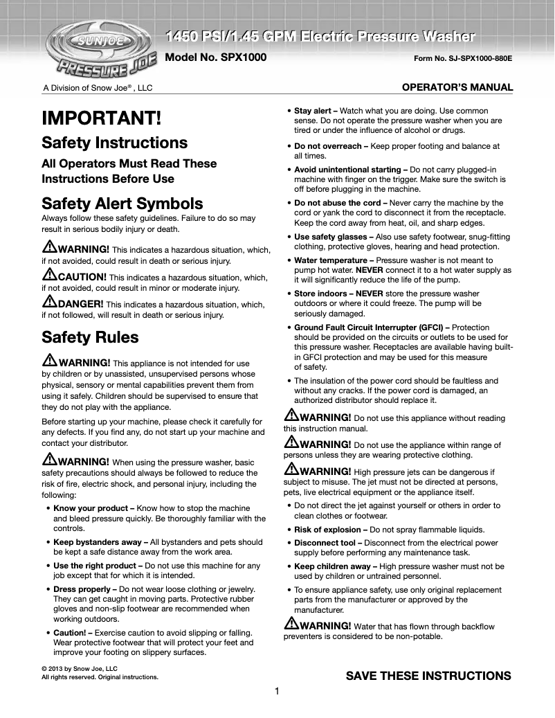 Page 1 of the manual User Manual Snow Joe Pressure Joe SPX1000