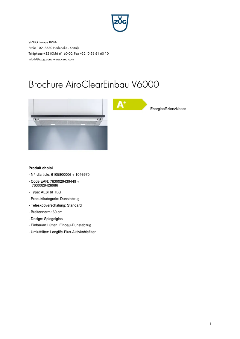 Page 1 of the manual User Manual V-Zug AiroClearEinbau V6000