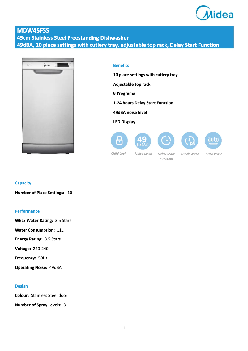 Page 1 of the manual Technical Sheet Midea MDW45FSS