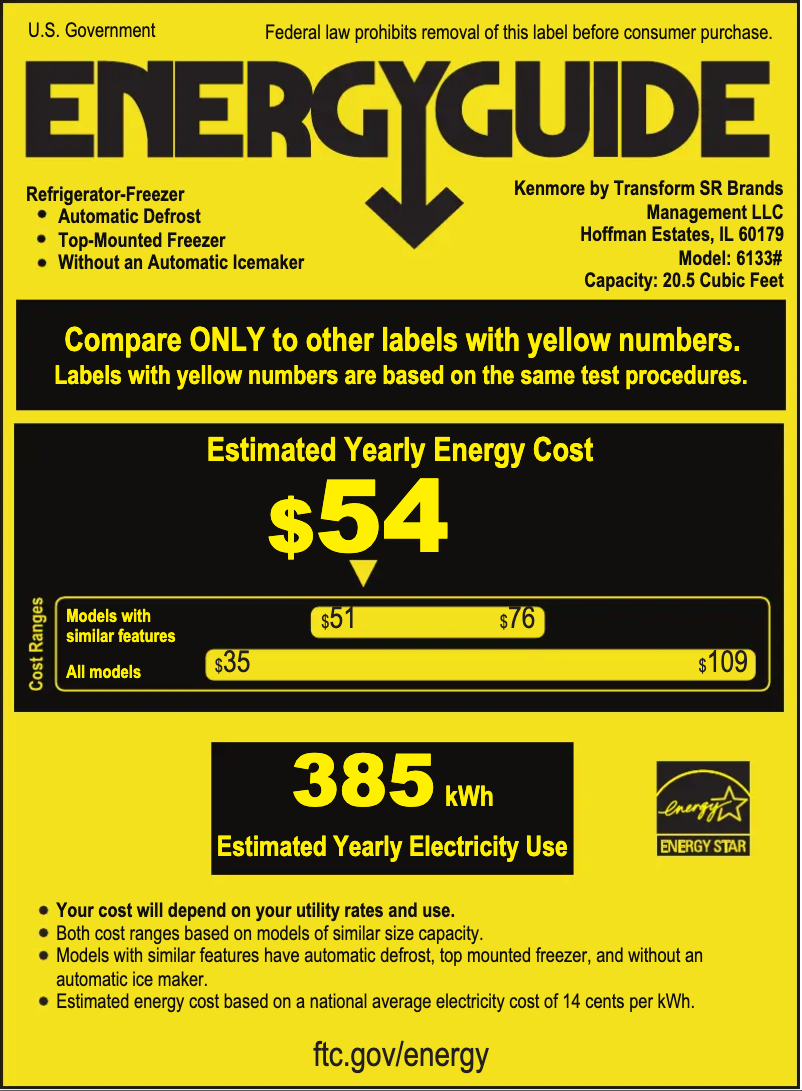 Page 1 of the manual Energy Label Kenmore 61332