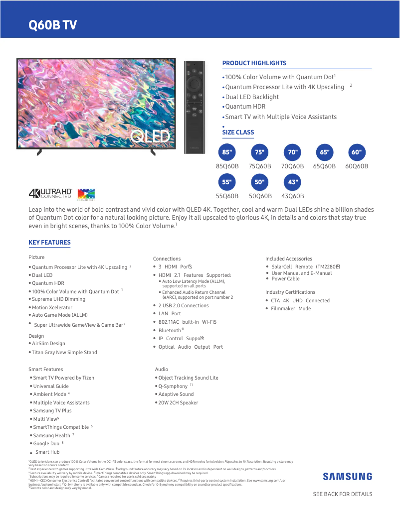 Page 1 of the manual Technical Sheet Samsung QN65Q60B