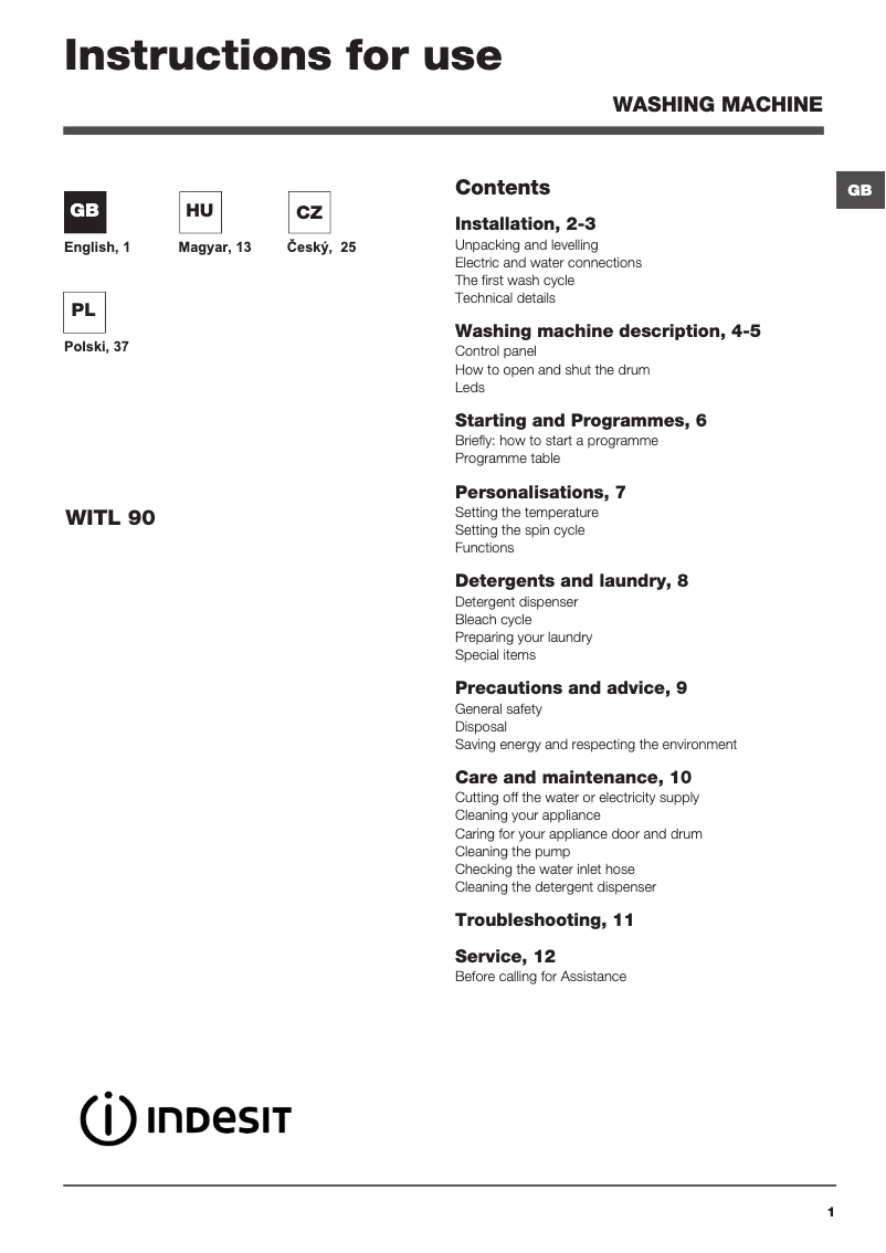 Page 1 of the manual User Manual Indesit WITL 90 (EU)