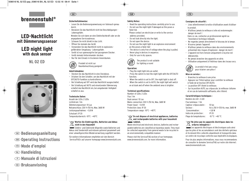 Page 1 de la notice Manuel utilisateur Brennenstuhl NL 02 ED