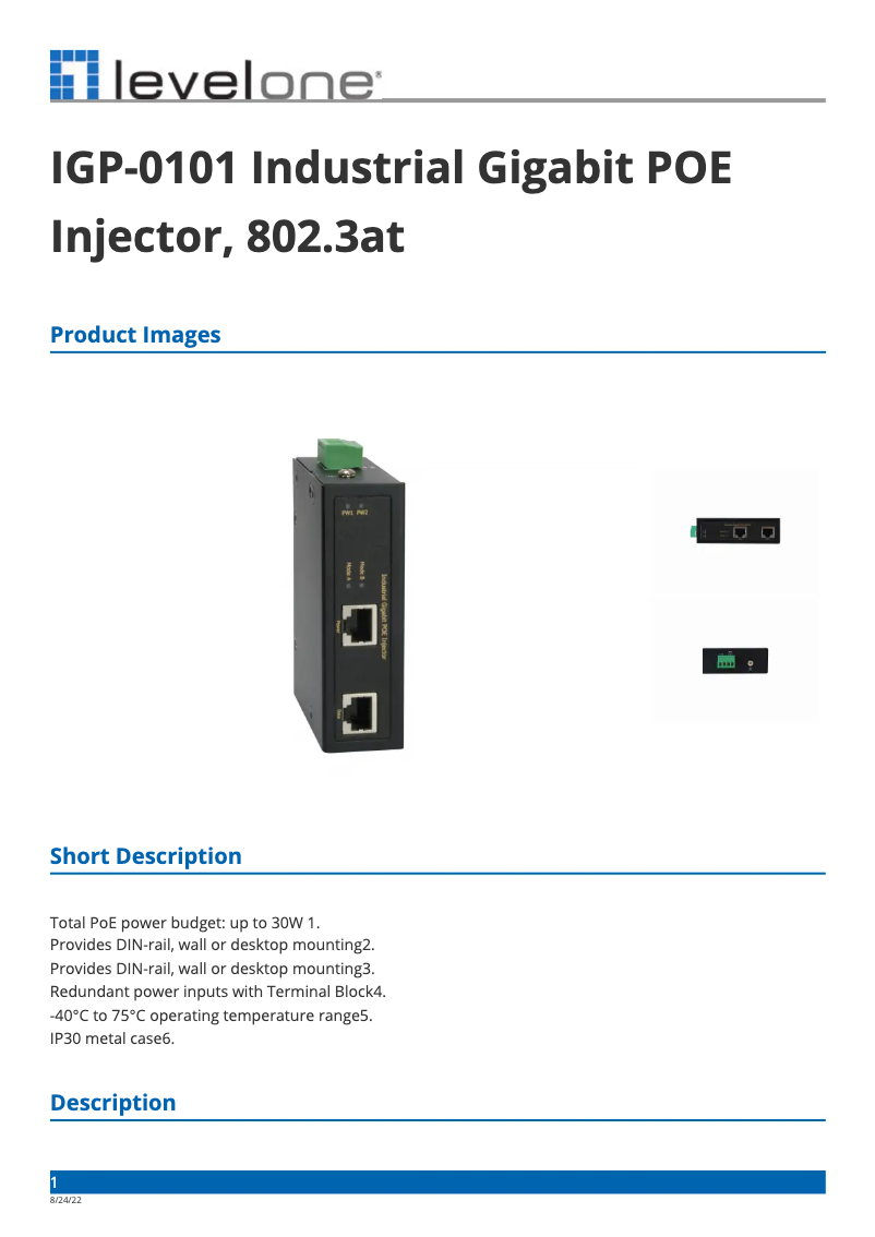 Page 1 of the manual Technical Sheet LevelOne IGP-0101