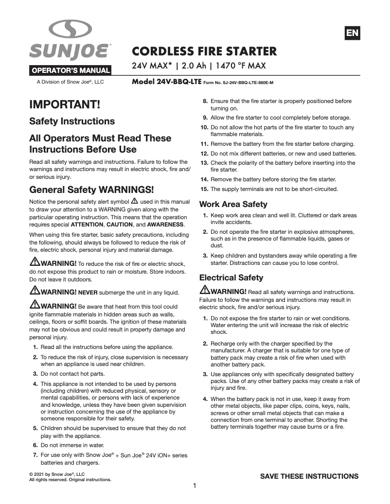 Page 1 of the manual User Manual Sun Joe 24V-BBQ-LTE