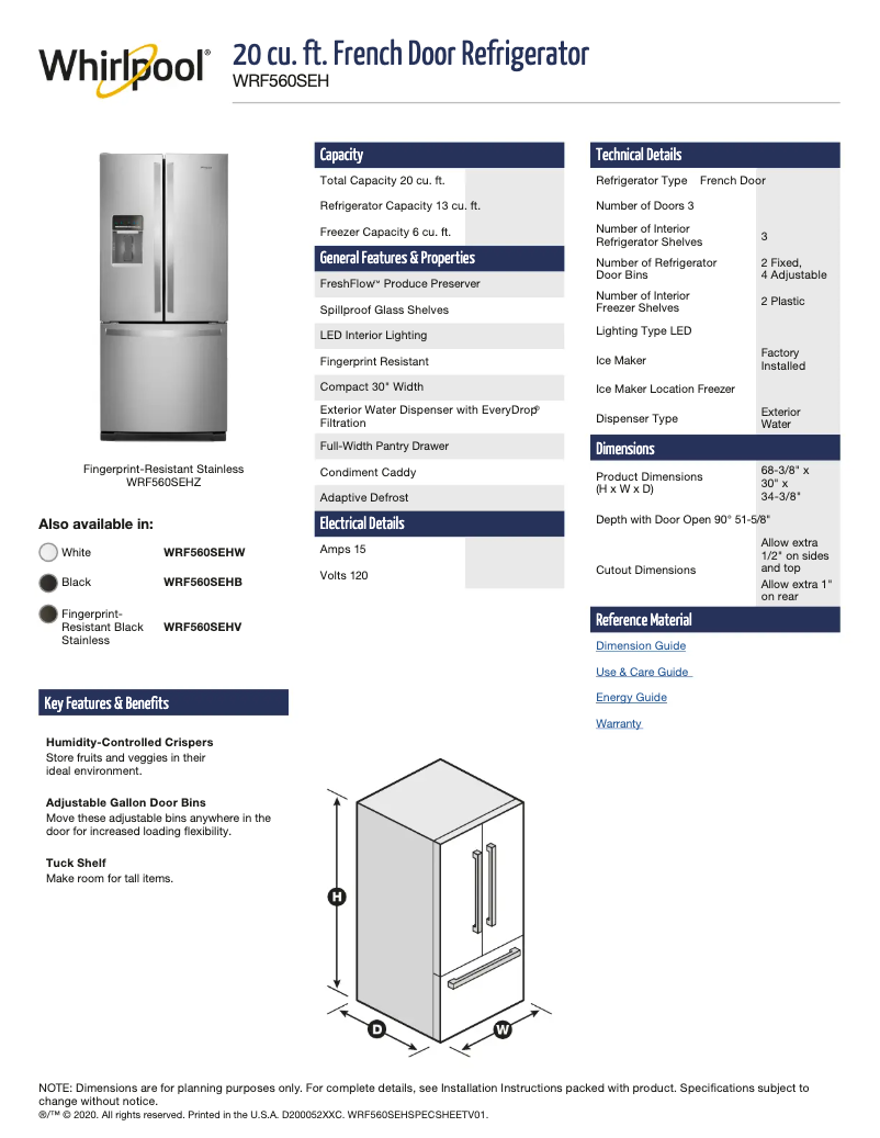 Page 1 of the manual Technical Sheet Whirlpool WRF535SMHB