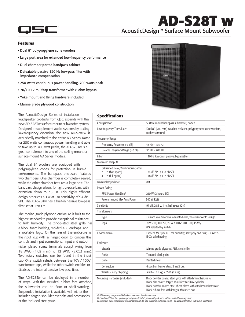 First page image of the manual for AcousticDesign AD-S28Tw