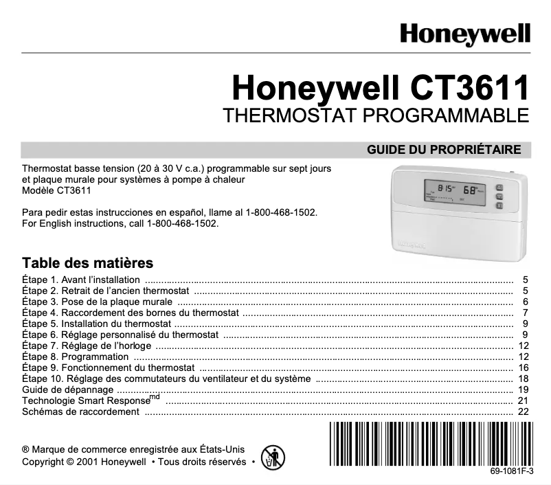 Page 1 of the manual User Manual Honeywell CT3611