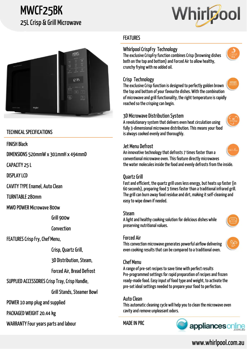 Page 1 of the manual Technical Sheet Whirlpool MWCF25BK