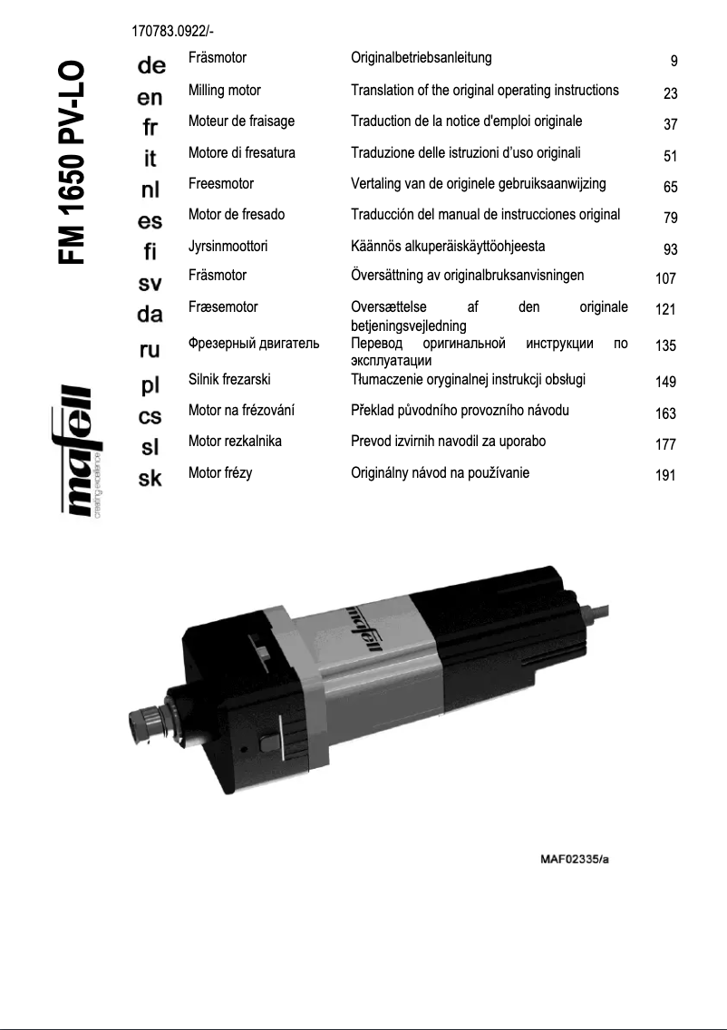 First page image of the manual for FM 1650 PV-LO