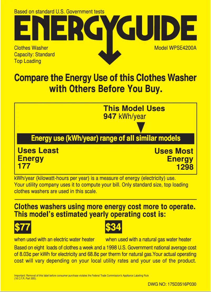 Page 1 of the manual Energy Label GE Profile Prodigy WPSE4200AWW