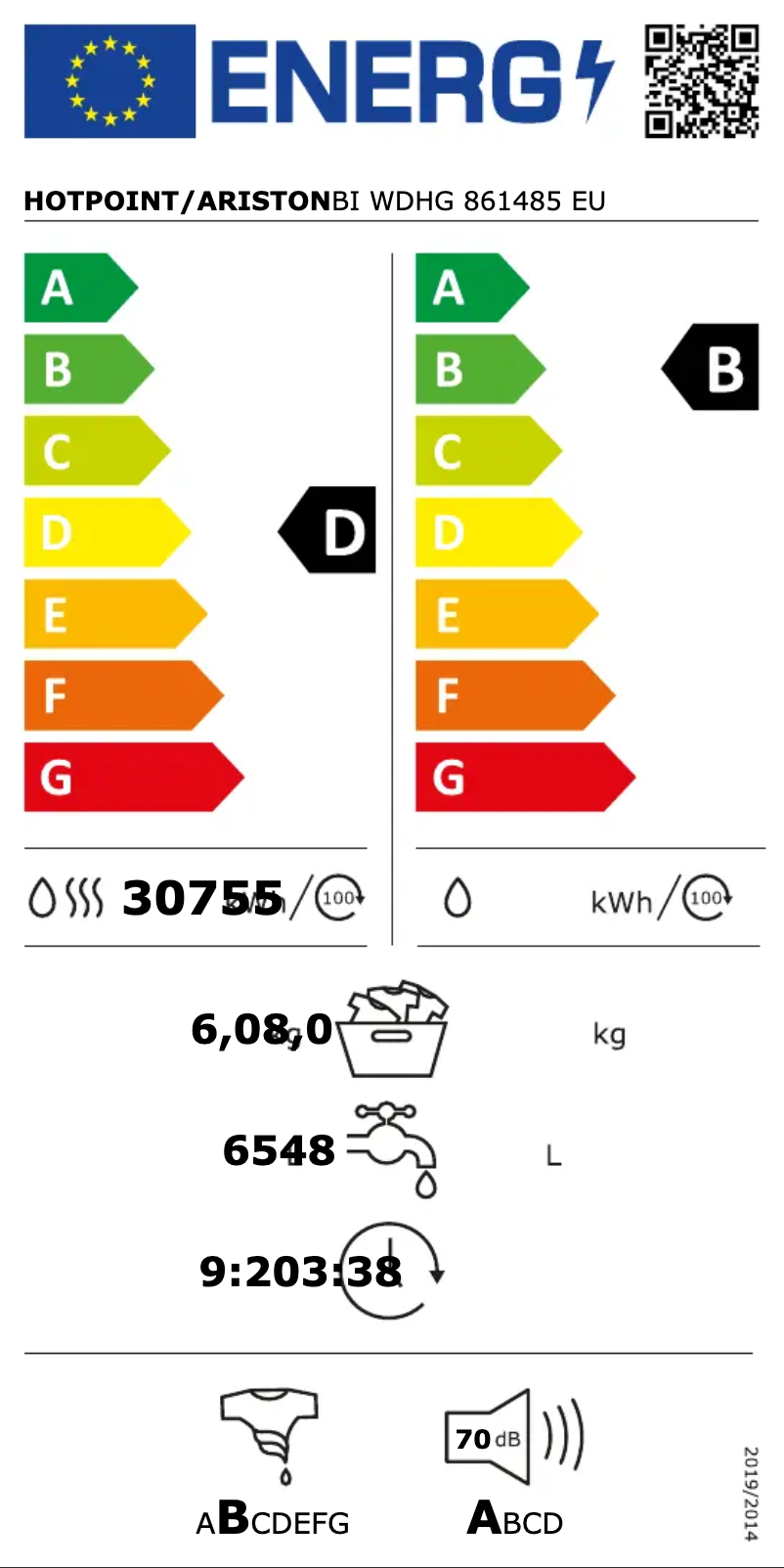 Page 1 of the manual Energy Label Hotpoint BI WDHG 861485 EU