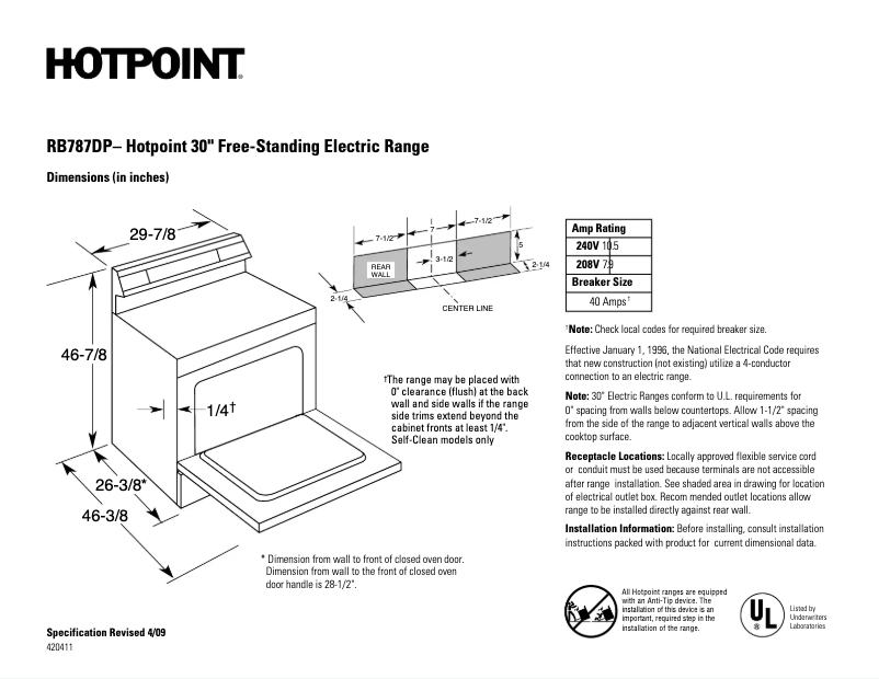 Page 1 of the manual Technical Sheet Hotpoint RB787DPWW
