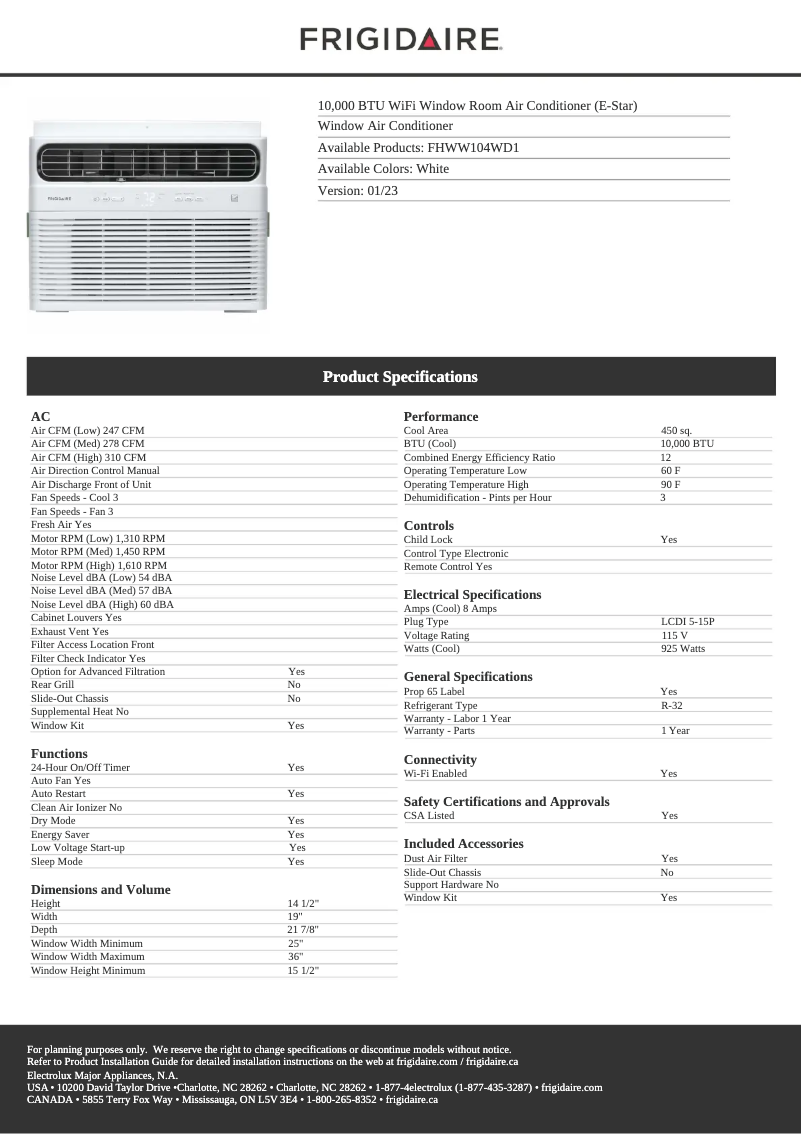 First page image of the manual for FHWW104WD1