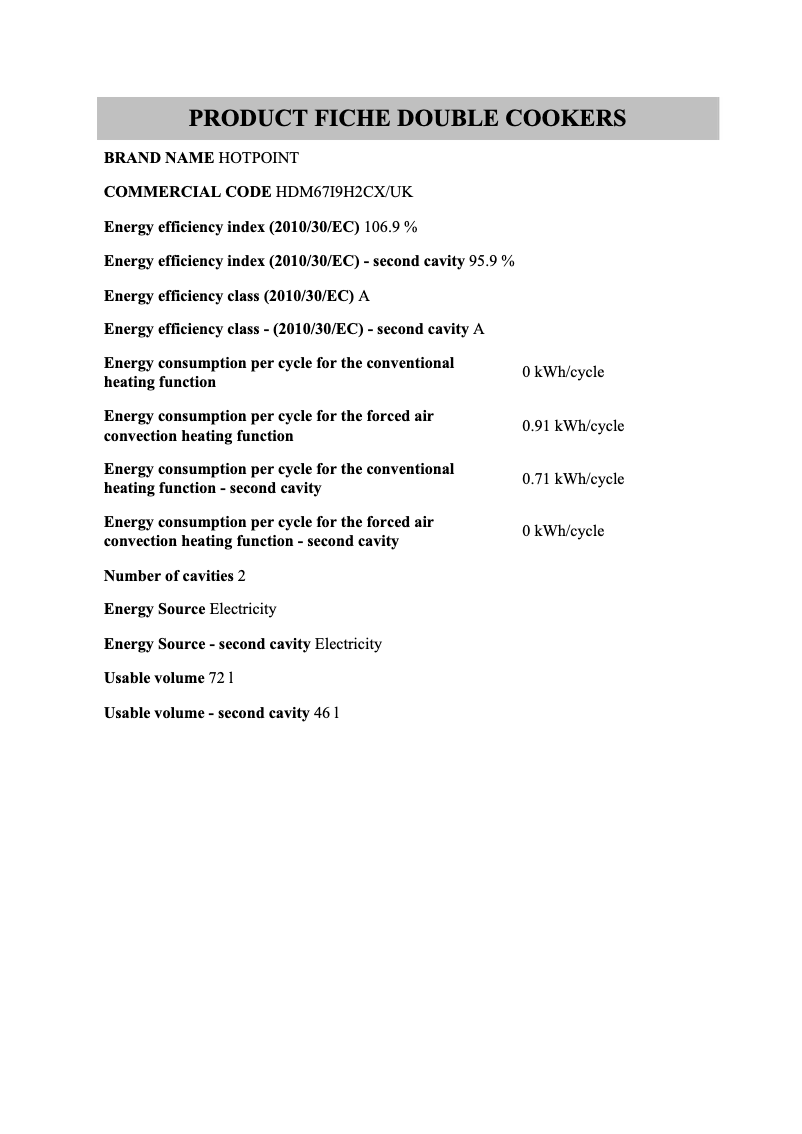 Page 1 of the manual Technical Sheet Hotpoint HDM67I9H2CX/UK