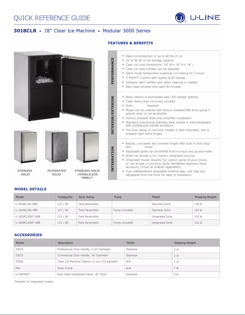 Page 1 of the manual Technical Sheet U-Line U-3018CLR