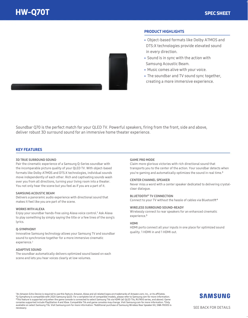 Page 1 of the manual Technical Sheet Samsung HW-Q70T