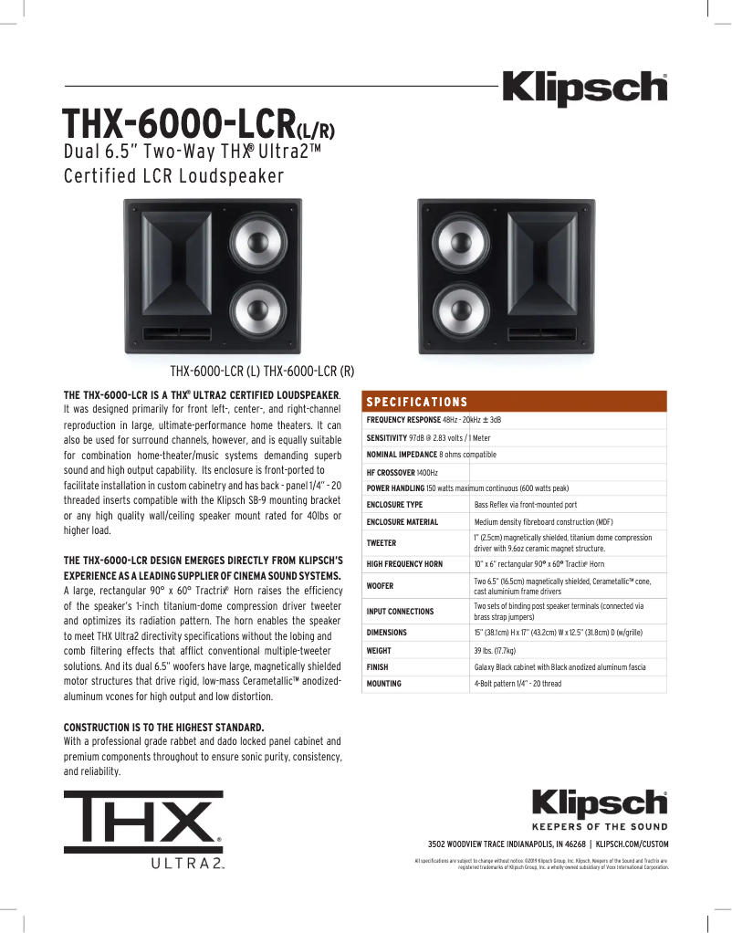Page 1 of the manual Technical Sheet Klipsch THX-6000-LCR-R