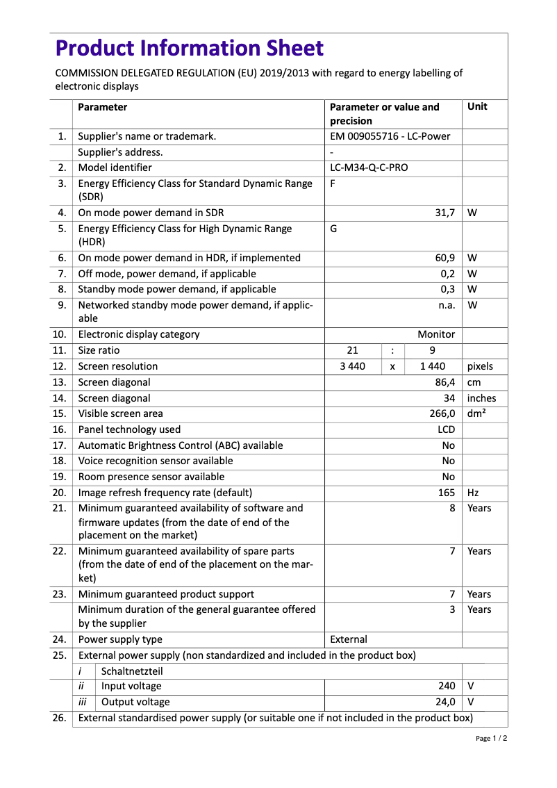 Page 1 of the manual Technical Sheet LC-Power LC-M34-Q-C-PRO