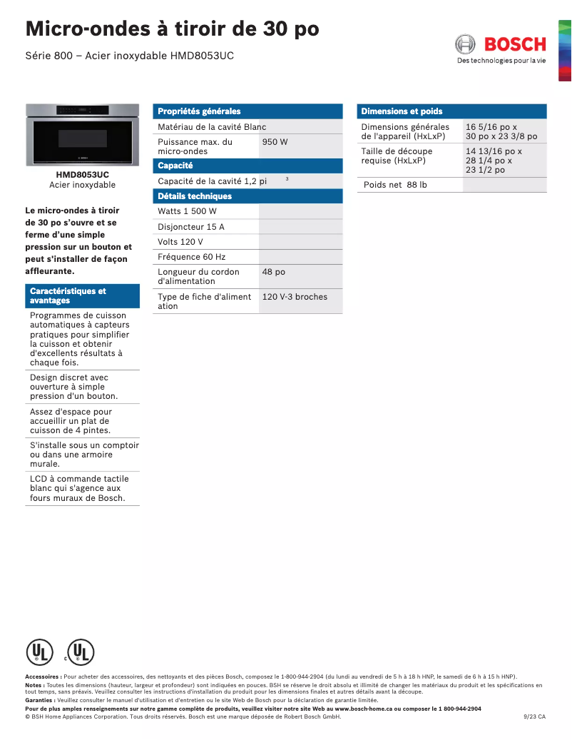 Page 1 of the manual Technical Sheet Bosch HMD8053UC