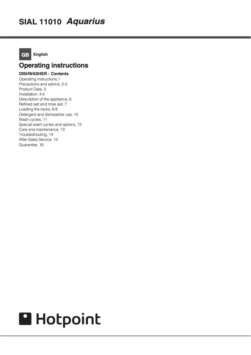 Page 1 of the manual User Manual Hotpoint Aquarius SIAL 11010 P