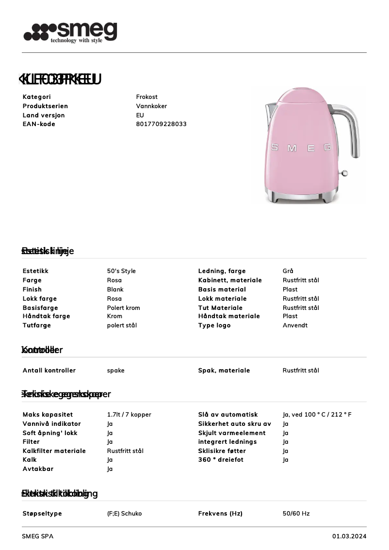 Page 1 of the manual Technical Sheet Smeg KLF03