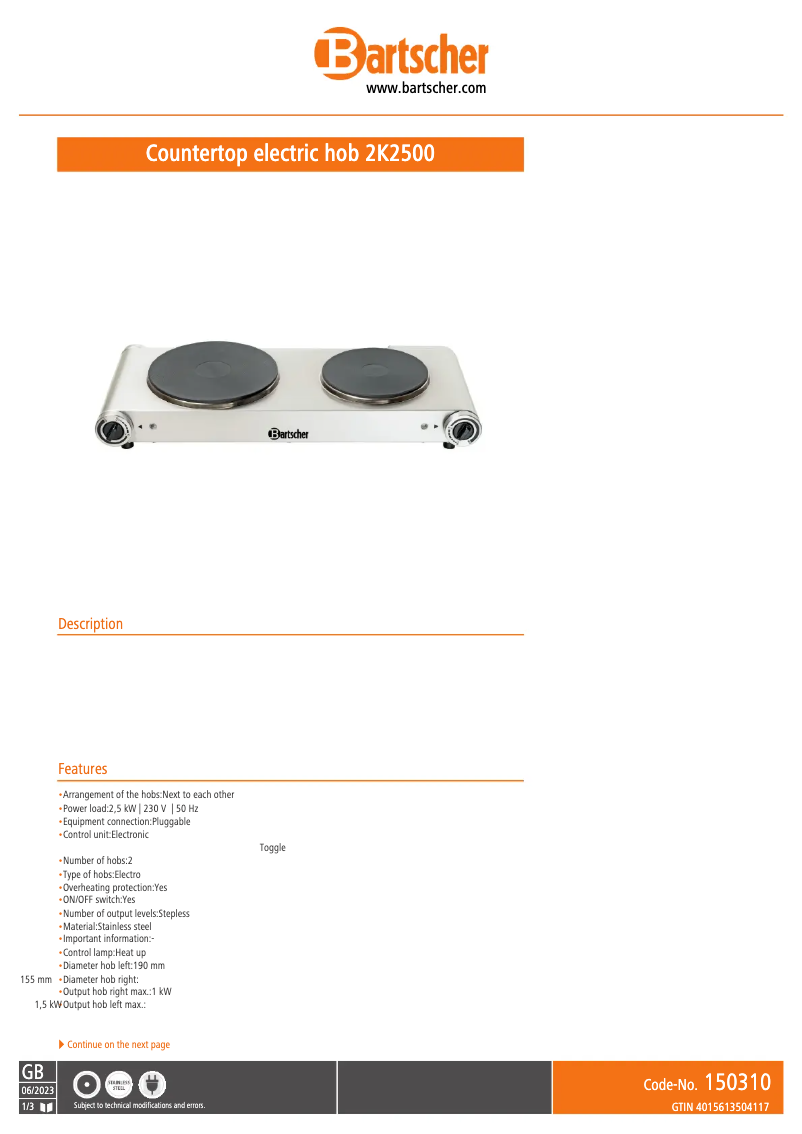 Page 1 of the manual Technical Sheet Bartscher 150310