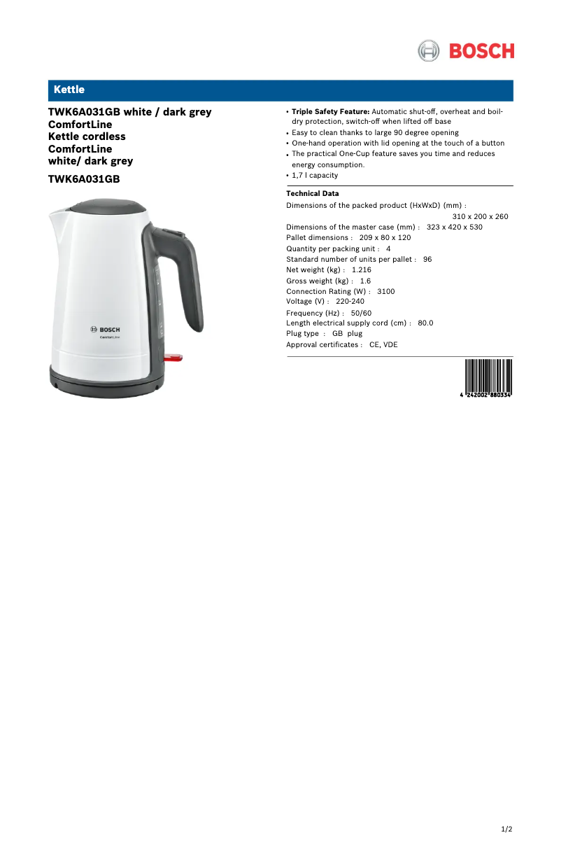 Page 1 of the manual Technical Sheet Bosch TWK6A031GB
