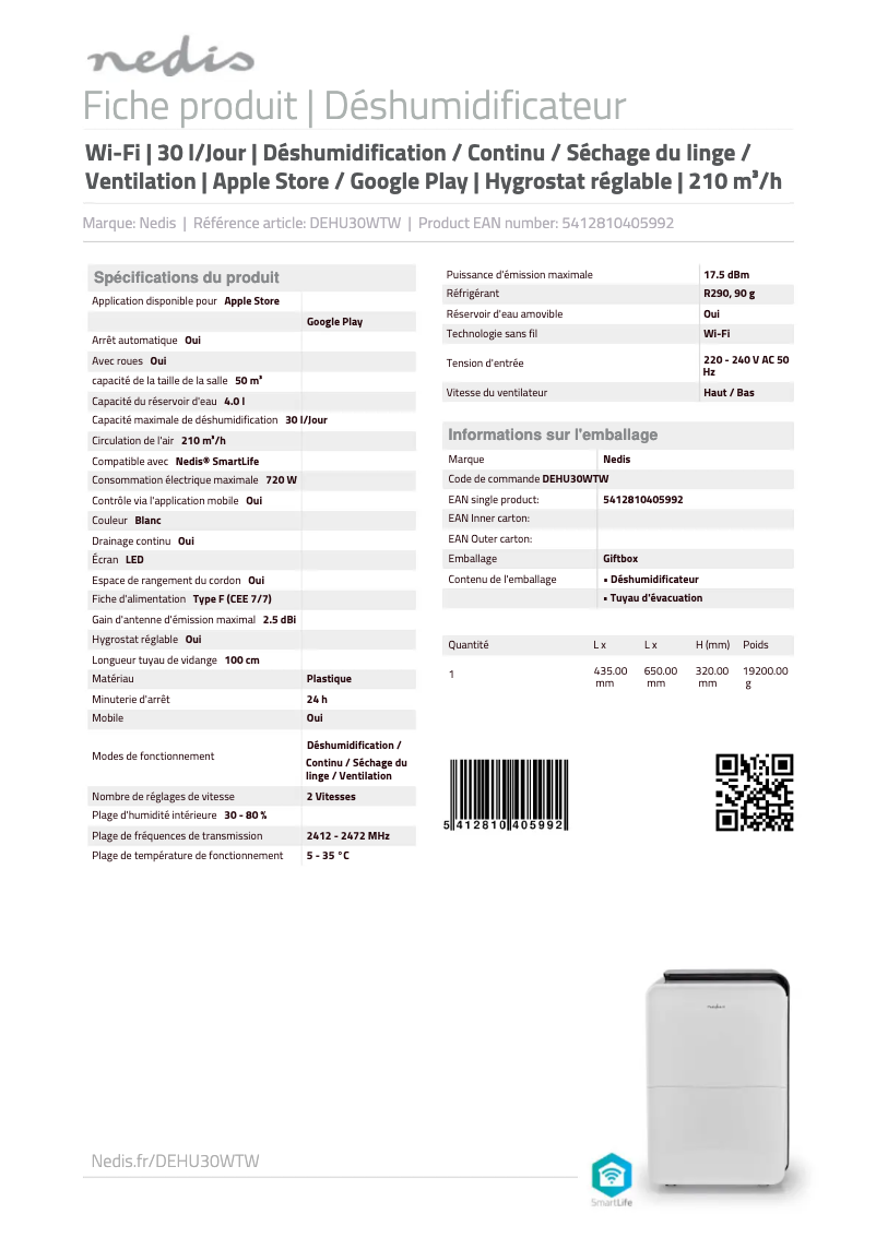 Page 1 of the manual Technical Sheet Nedis DEHU30WTW