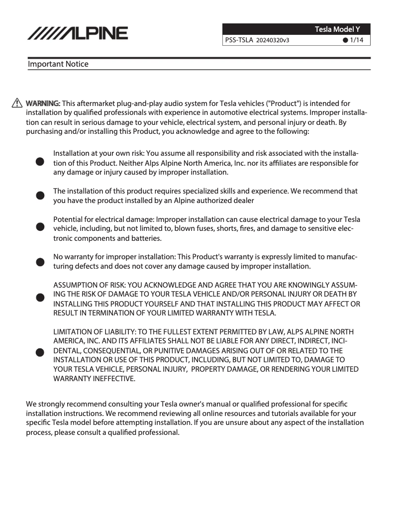 Page 1 of the manual User Manual Alpine PSS-TSLA-22Y