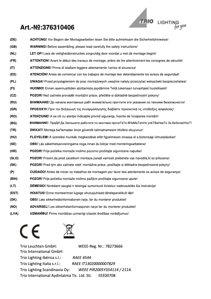 Page 1 of the manual User Manual Trio Lighting Portofino