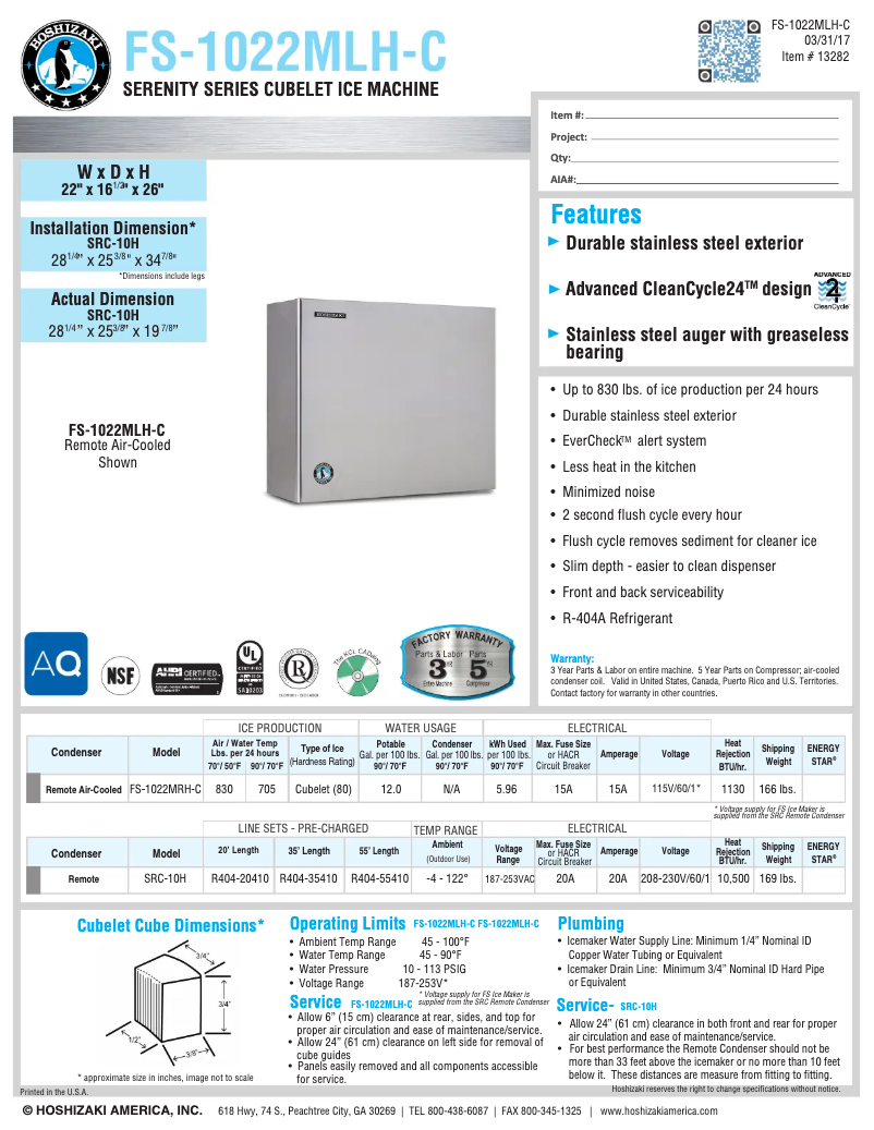 Page 1 of the manual Technical Sheet Hoshizaki FS-1022MLH-C