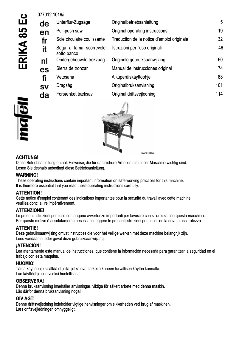 First page image of the manual for Erika 85Ec