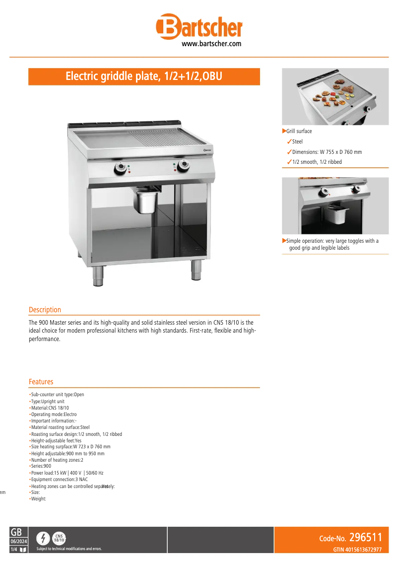 Page 1 of the manual Technical Sheet Bartscher 296511