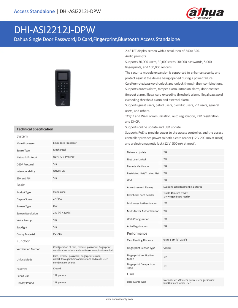 Page 1 of the manual Technical Sheet Dahua Technology ASI2212J-DPW