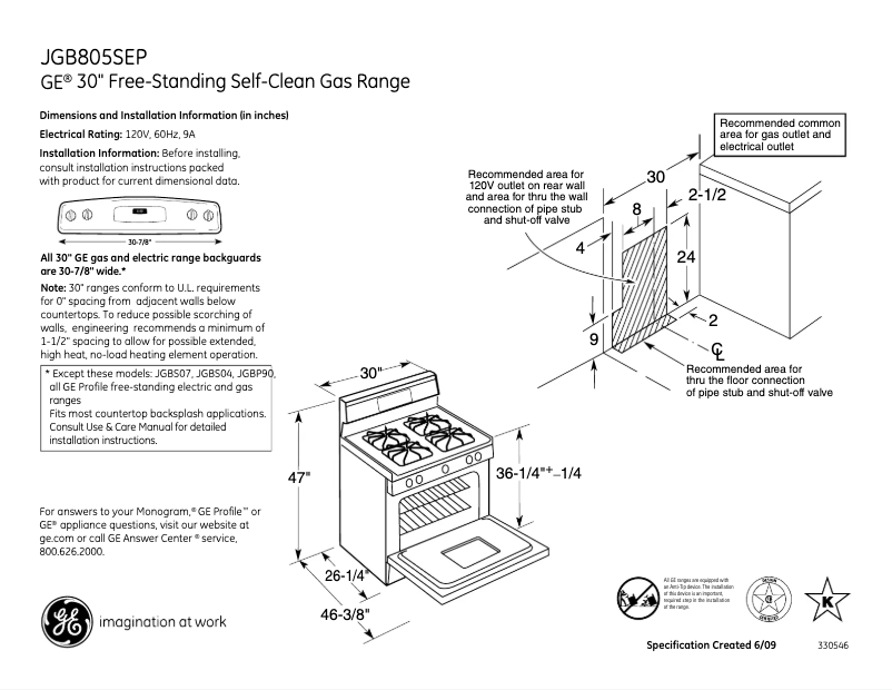 Page 1 of the manual Technical Sheet GE Adora JGB805SEPSS